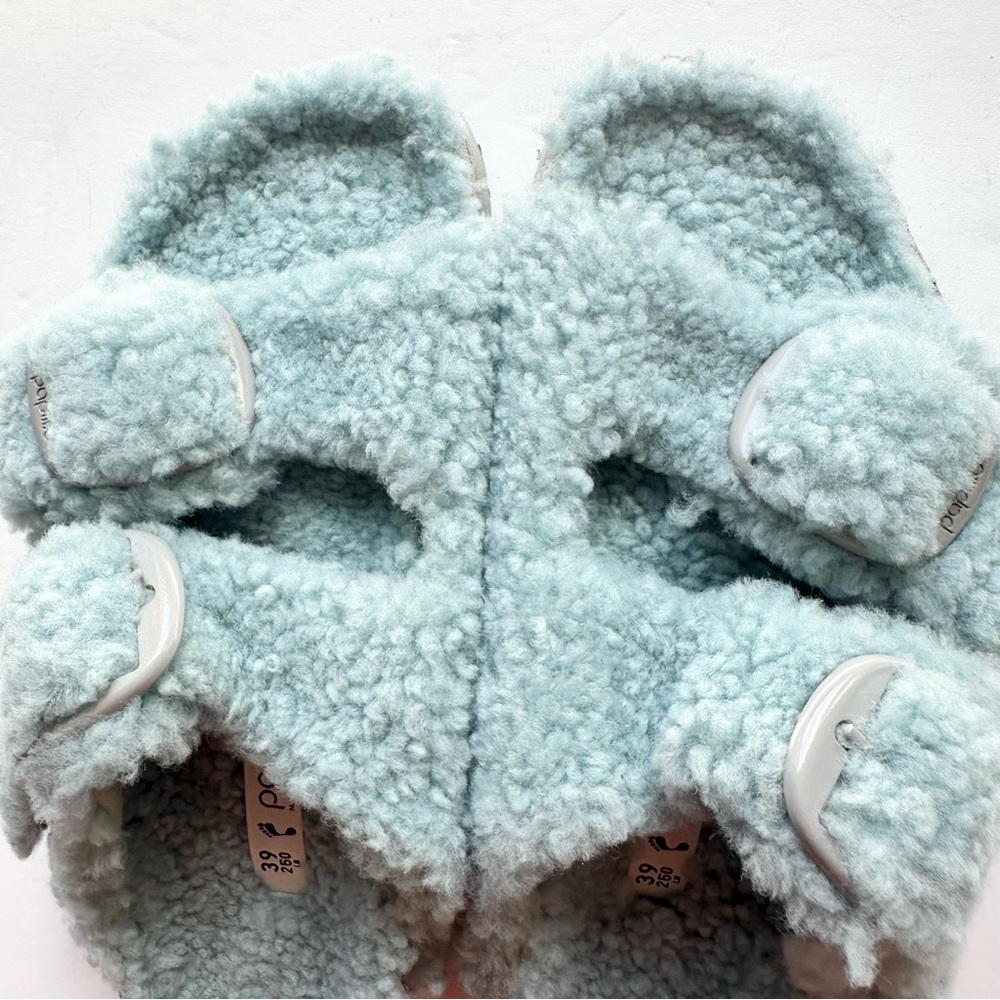 NWT Birkenstock Papillio Arizona Big Buckle Shearling fuzzy sandal blue 39/8 - Picture 16 of 16
